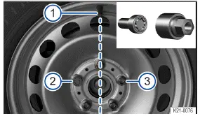 Volkswagen ID.3. Fig. 2 Make sure the anti-theft wheel bolts are positioned correctly.