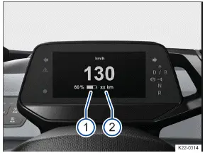 Volkswagen ID.3. Fig. 1 In the Volkswagen Digital Cockpit: The high-voltage battery charge level 1 and vehicle range 2 (general example).