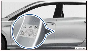 Volkswagen ID.3. Fig. 2 On the driver door pillar: tire pressure sticker (may also be on the inside of the charging socket flap).