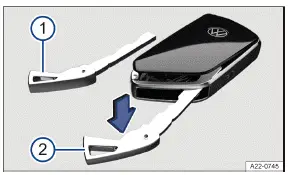 Volkswagen ID.3. Fig. 1 Remote control vehicle key: opening the battery compartment cover.
