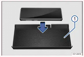 Volkswagen ID.3. Fig. 1 General example: storage compartment with a liner pad for wireless charging in the center console.